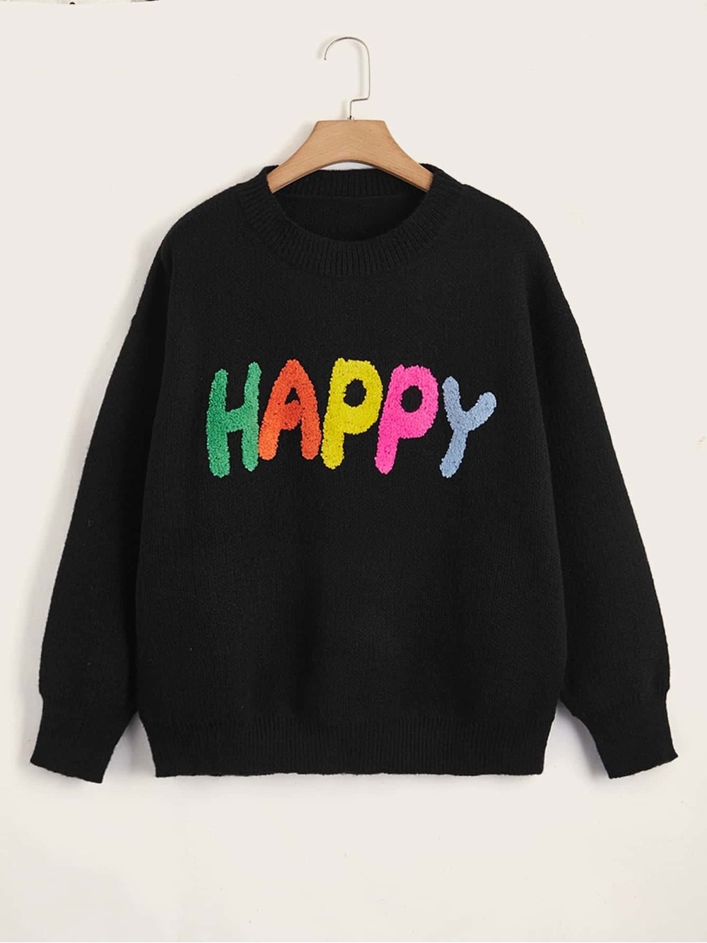 SHEIN Black Crewneck Sweater with Colorful "HAPPY" Letters